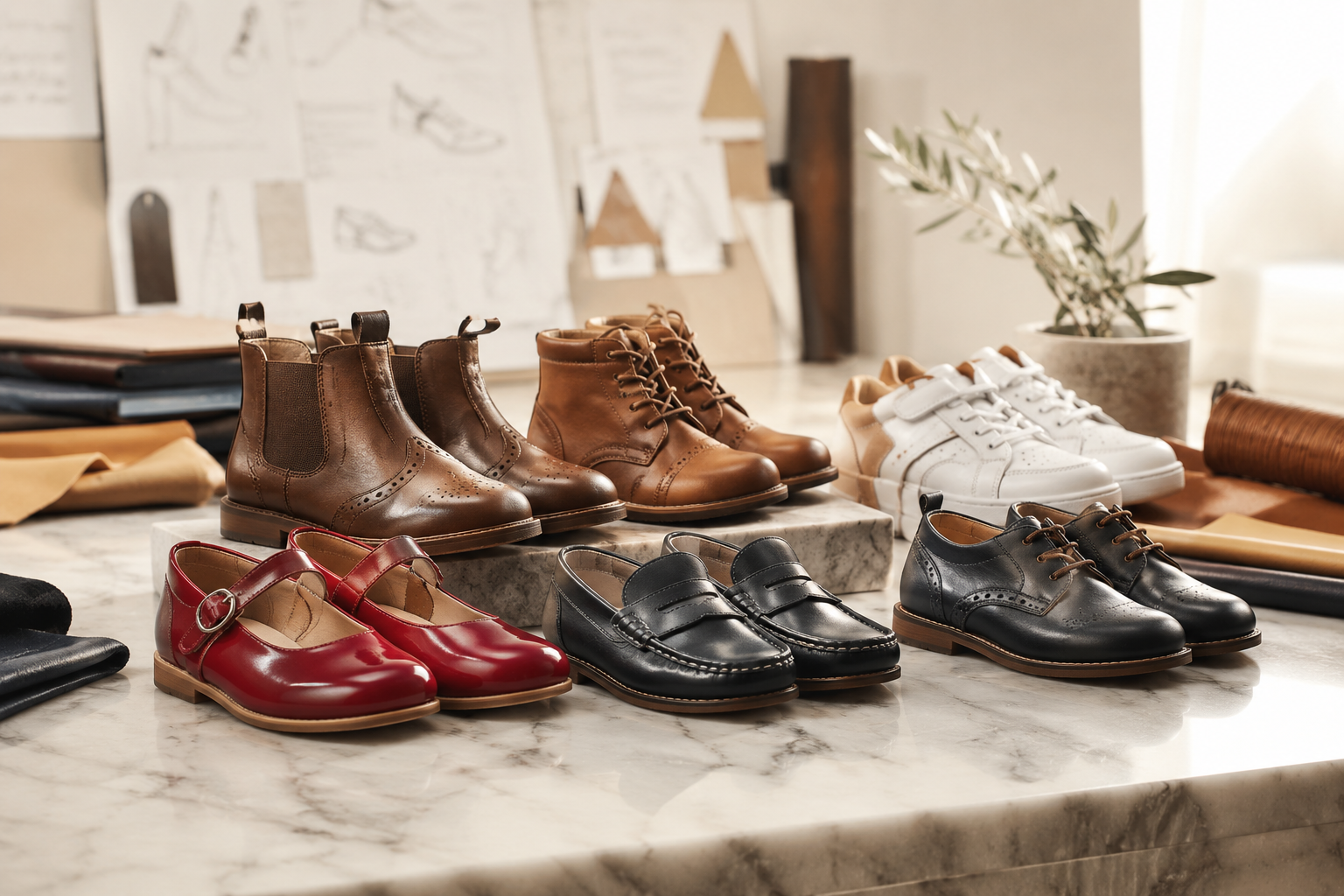 Italian children’s shoes including dress shoes, boots and sneakers displayed on a marble table in a design studio.