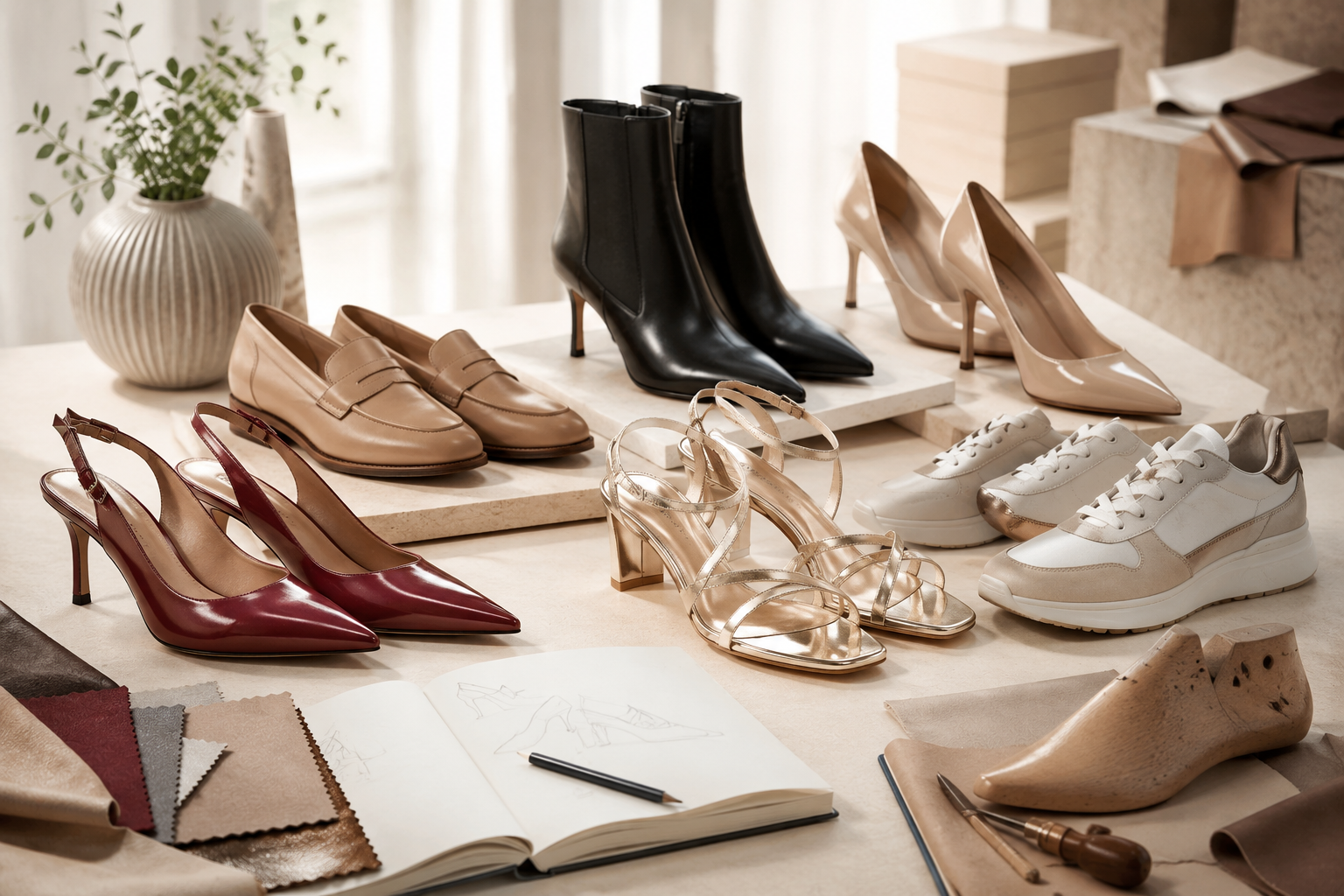 Women’s Made in Italy shoes including heels, sandals, loafers, ankle boots and sneakers displayed in a refined design studio.